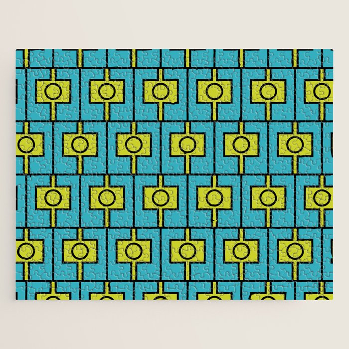 Mid Century Modern Rektangel Geometric Pattern in Turquoise and Lime Jigsaw Puzzle Gallery Image 1