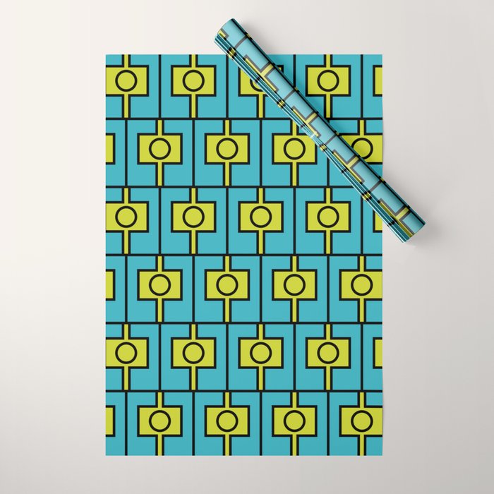 Mid Century Modern Rektangel Geometric Pattern in Turquoise and Lime Wrapping Paper Gallery Image 1