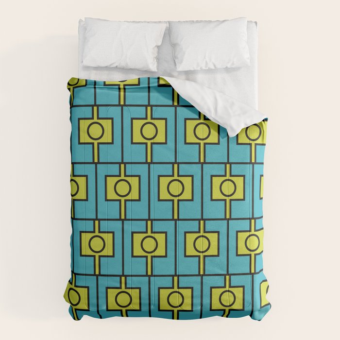 Mid Century Modern Rektangel Geometric Pattern in Turquoise and Lime Comforter Gallery Image 1