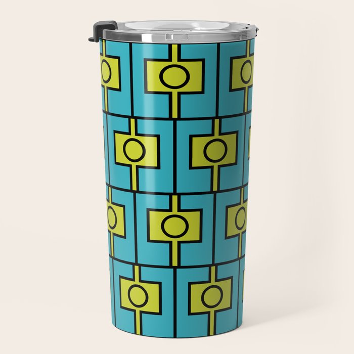 Mid Century Modern Rektangel Geometric Pattern in Turquoise and Lime Travel Mug Gallery Image 3