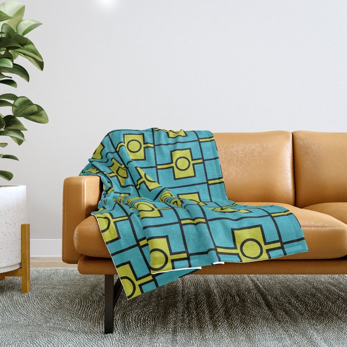 Mid Century Modern Rektangel Geometric Pattern in Turquoise and Lime Throw Blanket Gallery Image 1