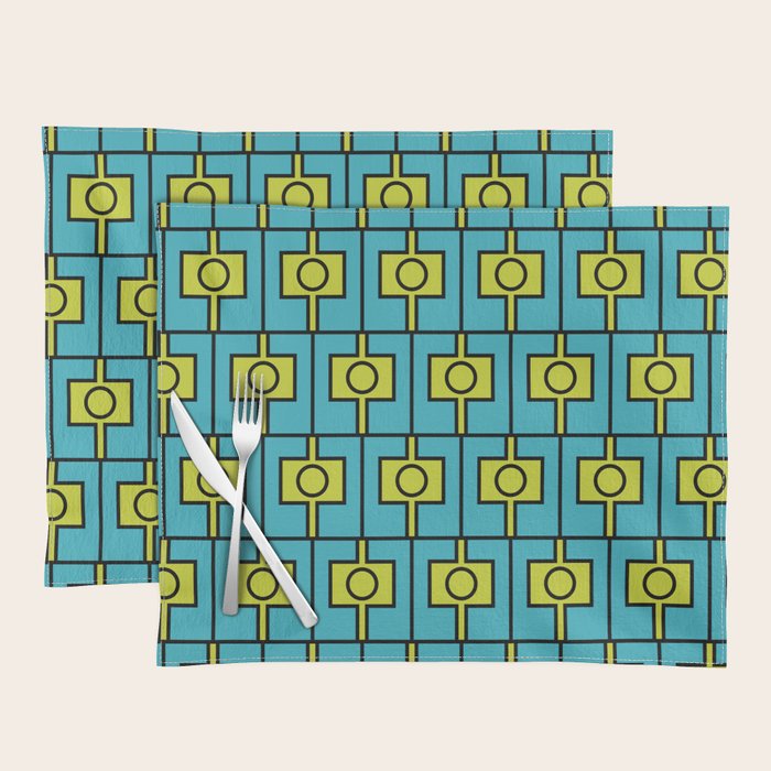 Mid Century Modern Rektangel Geometric Pattern in Turquoise and Lime Placemat Gallery Image 1