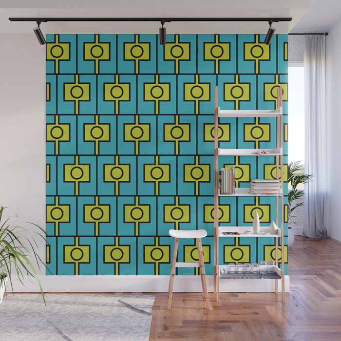 Mid Century Modern Rektangel Geometric Pattern in Turquoise and Lime Wall Mural Gallery Image 1