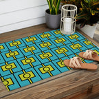 Mid Century Modern Rektangel Geometric Pattern in Turquoise and Lime Outdoor Rug Gallery Image 2