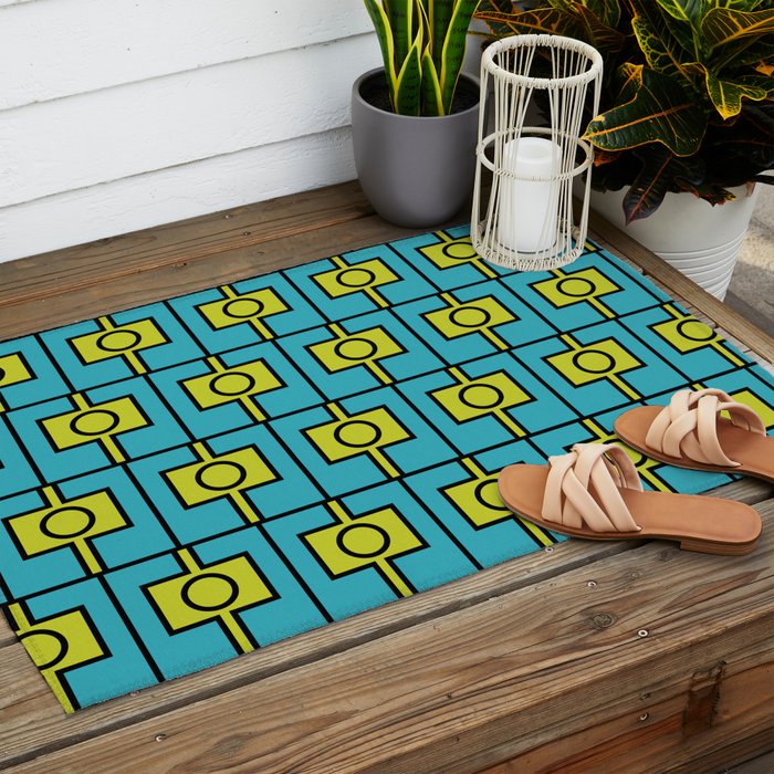 Mid Century Modern Rektangel Geometric Pattern in Turquoise and Lime Outdoor Rug Gallery Image 2