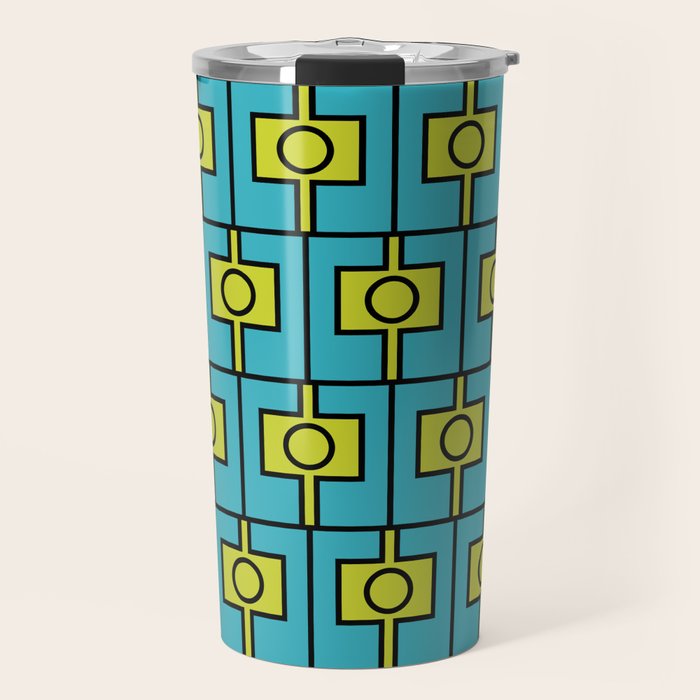 Mid Century Modern Rektangel Geometric Pattern in Turquoise and Lime Travel Mug Gallery Image 1