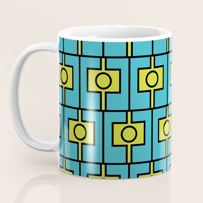 Mid Century Modern Rektangel Geometric Pattern in Turquoise and Lime Coffee Mug Gallery Image 3