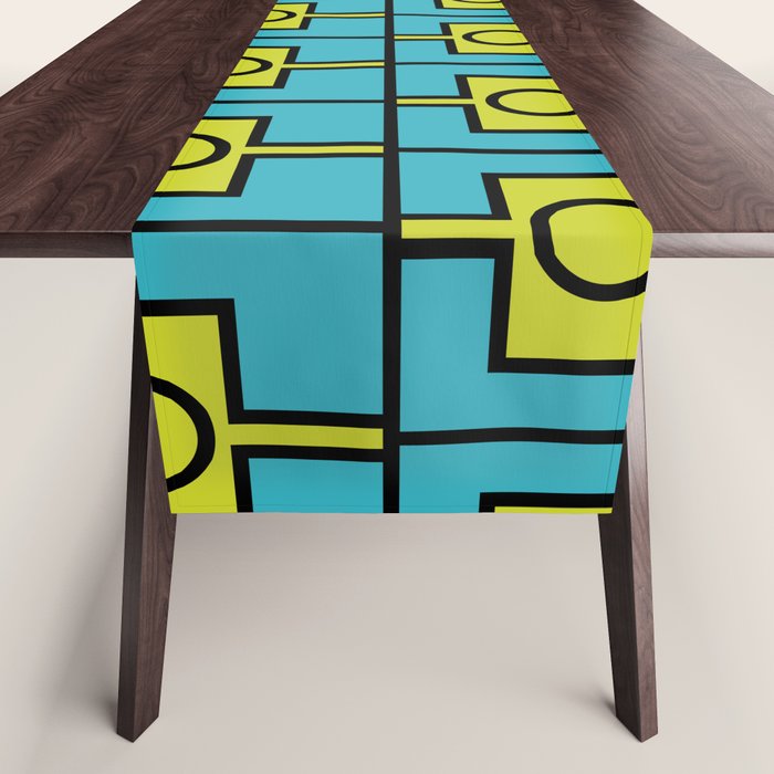 Mid Century Modern Rektangel Geometric Pattern in Turquoise and Lime Table Runner Gallery Image 1