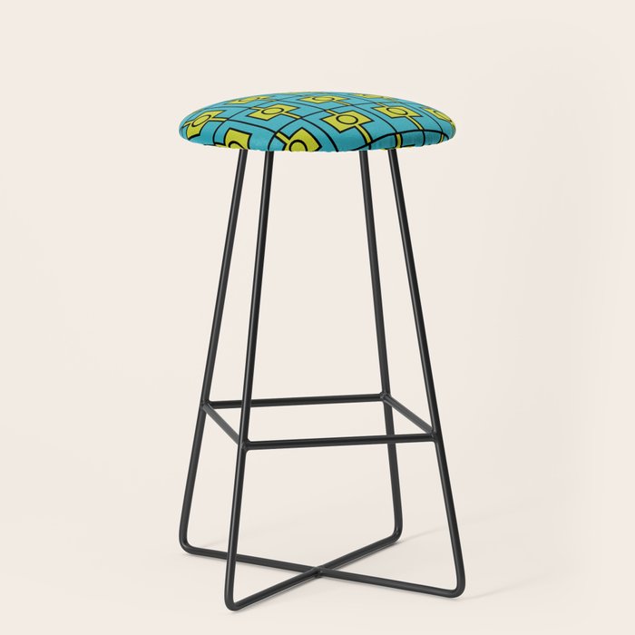 Mid Century Modern Rektangel Geometric Pattern in Turquoise and Lime Stool Gallery Image 1