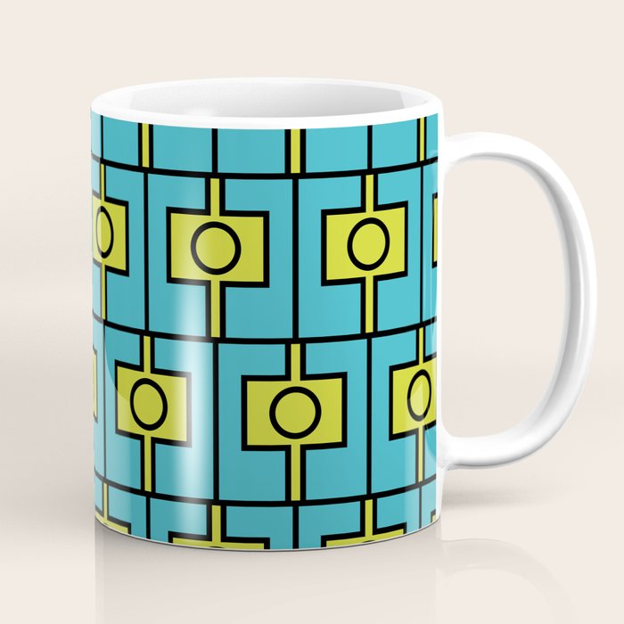 Mid Century Modern Rektangel Geometric Pattern in Turquoise and Lime Coffee Mug Gallery Image 1
