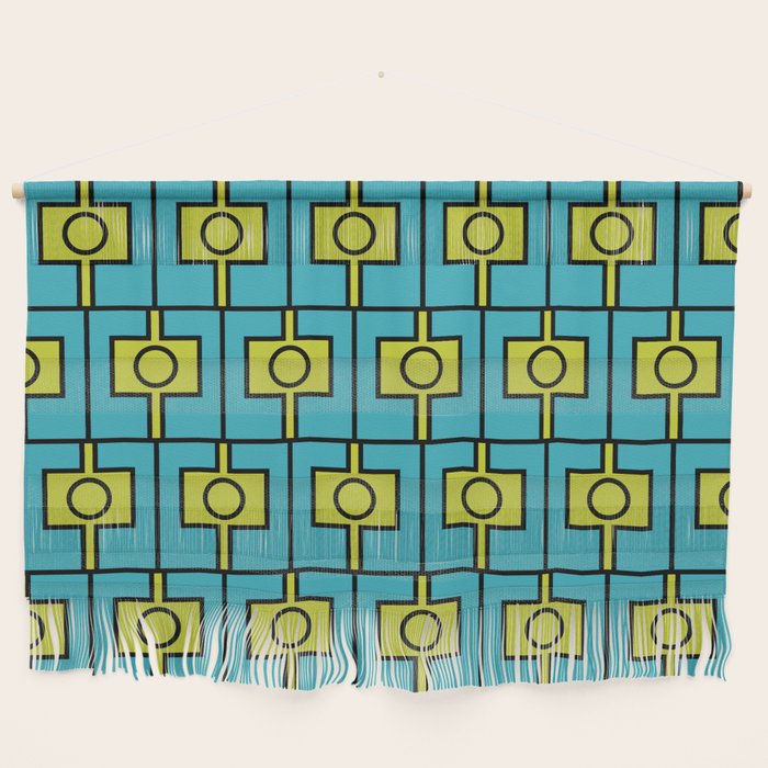 Mid Century Modern Rektangel Geometric Pattern in Turquoise and Lime Wall Hanging Gallery Image 1
