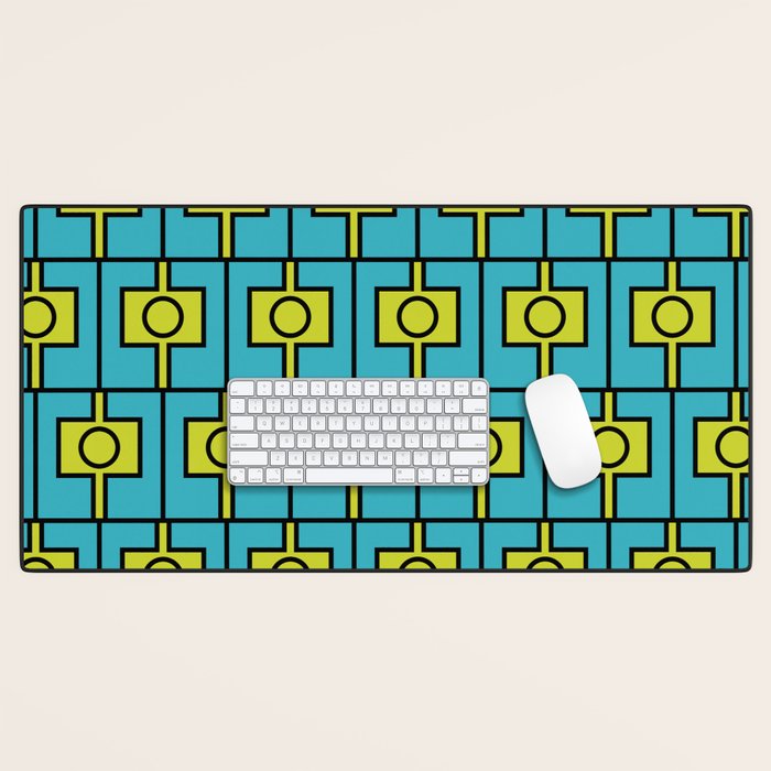 Mid Century Modern Rektangel Geometric Pattern in Turquoise and Lime Desk Mat Gallery Image 1