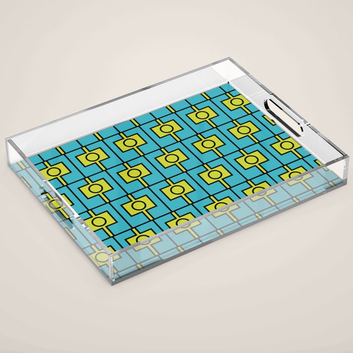 Mid Century Modern Rektangel Geometric Pattern in Turquoise and Lime Acrylic Tray Gallery Image 1