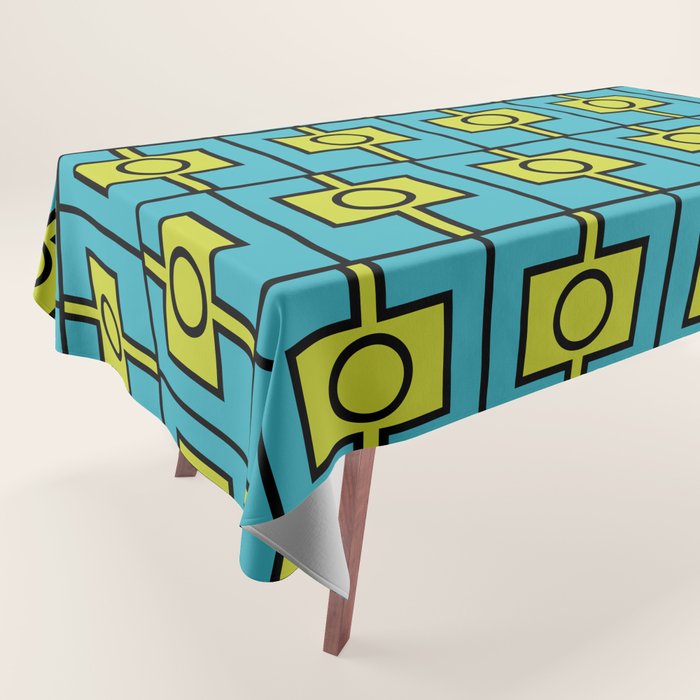 Mid Century Modern Rektangel Geometric Pattern in Turquoise and Lime Tablecloth Gallery Image 1