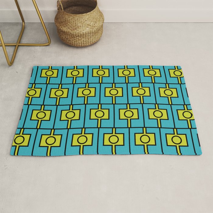 Mid Century Modern Rektangel Geometric Pattern in Turquoise and Lime Rug Gallery Image 1
