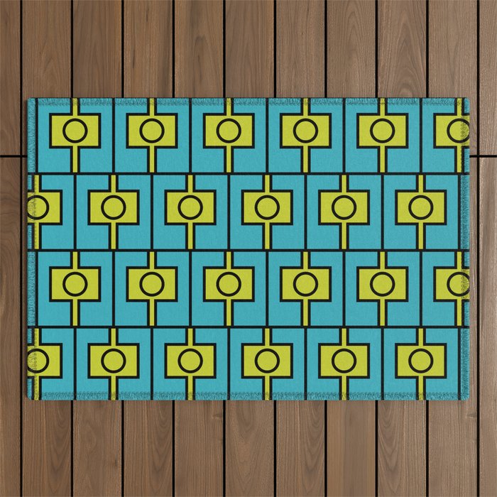 Mid Century Modern Rektangel Geometric Pattern in Turquoise and Lime Outdoor Rug Gallery Image 1