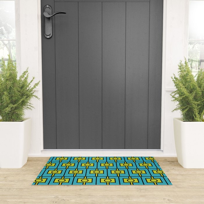 Mid Century Modern Rektangel Geometric Pattern in Turquoise and Lime Welcome Mat Gallery Image 3