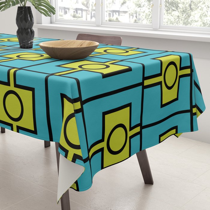Mid Century Modern Rektangel Geometric Pattern in Turquoise and Lime Tablecloth Gallery Image 3
