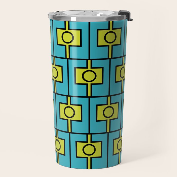 Mid Century Modern Rektangel Geometric Pattern in Turquoise and Lime Travel Mug Gallery Image 2