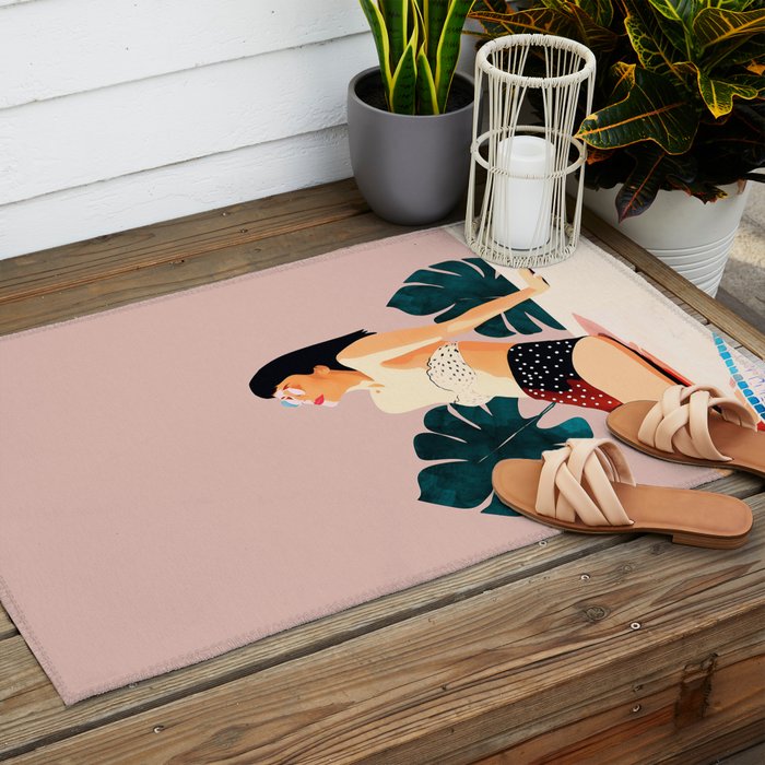 Sunday, Summer Swim Poolside Fashion, Bohemian Woman Sunbath Tan Bikini Monstera Tropical Travel Outdoor Rug Gallery Image 2