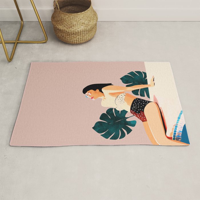Sunday, Summer Swim Poolside Fashion, Bohemian Woman Sunbath Tan Bikini Monstera Tropical Travel Rug Gallery Image 1