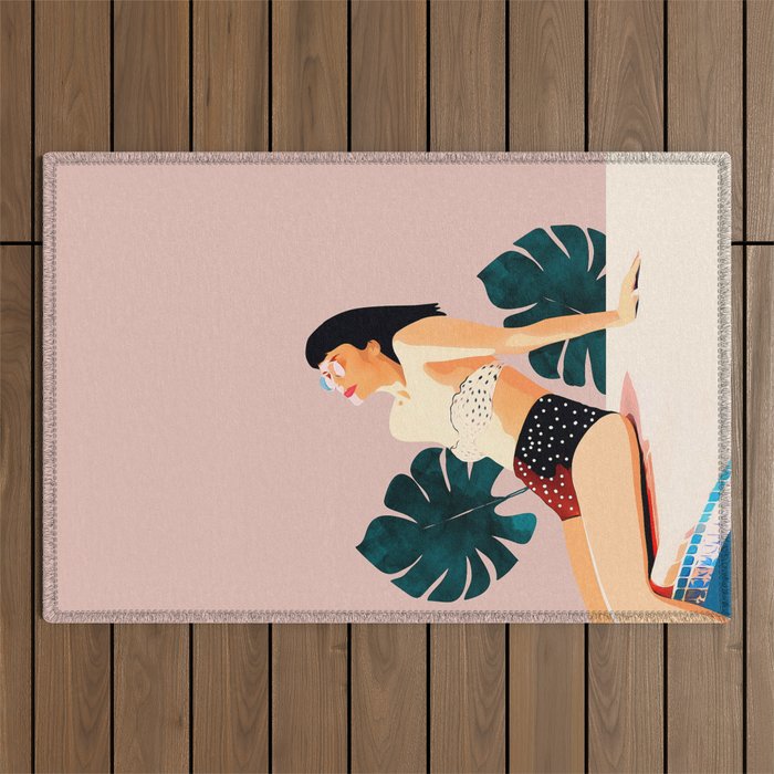 Sunday, Summer Swim Poolside Fashion, Bohemian Woman Sunbath Tan Bikini Monstera Tropical Travel Outdoor Rug Gallery Image 1