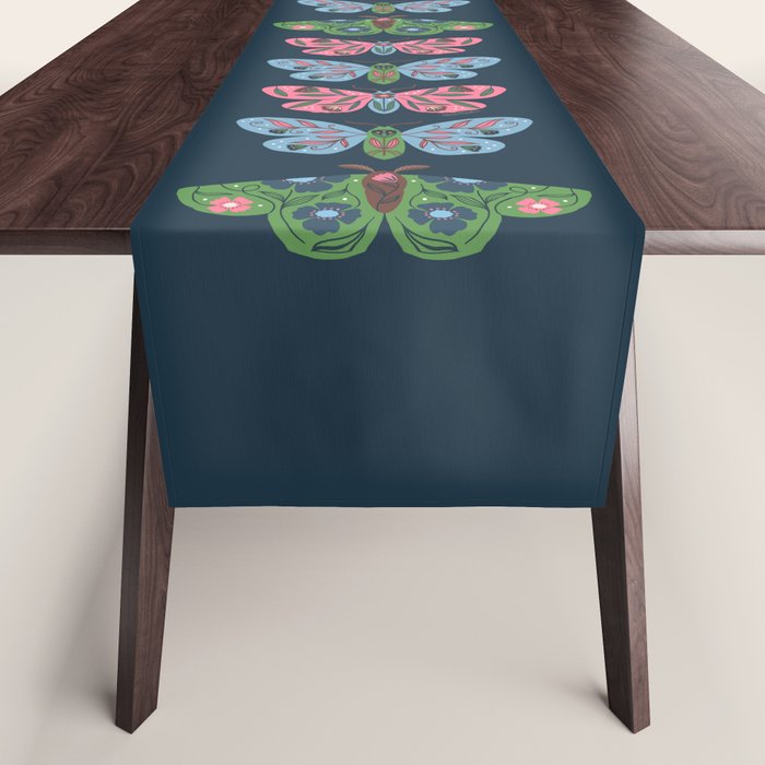 Folk Floral Moths and Butterflies Blue Table Runner Gallery Image 1