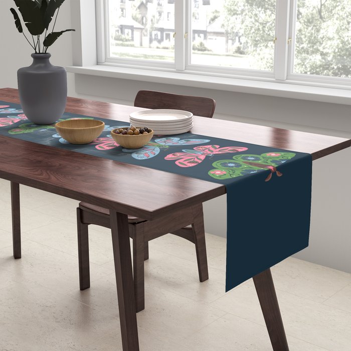 Folk Floral Moths and Butterflies Blue Table Runner Gallery Image 2