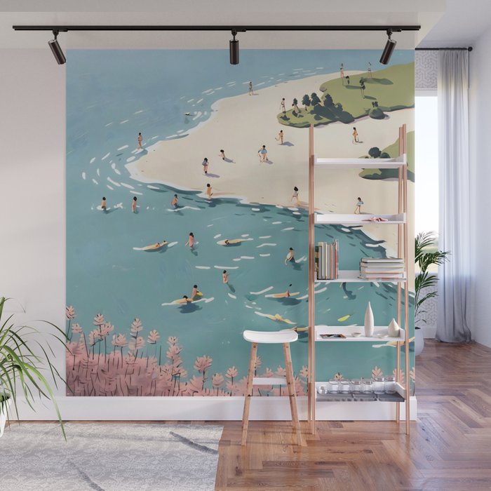 Last Summer, Beach Vibes Tropical Nature Landscape, Pastel Subdued Painting Scenic Travel, People Swim Surf Waves Illustration Wall Mural Gallery Image 1