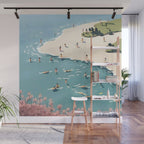 Last Summer, Beach Vibes Tropical Nature Landscape, Pastel Subdued Painting Scenic Travel, People Swim Surf Waves Illustration Wall Mural Gallery Image 1