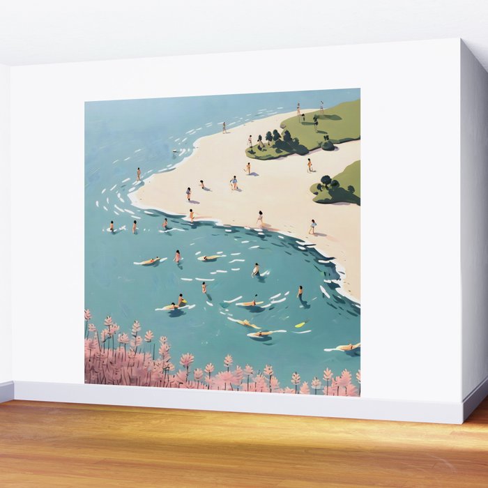 Last Summer, Beach Vibes Tropical Nature Landscape, Pastel Subdued Painting Scenic Travel, People Swim Surf Waves Illustration Wall Mural Gallery Image 2