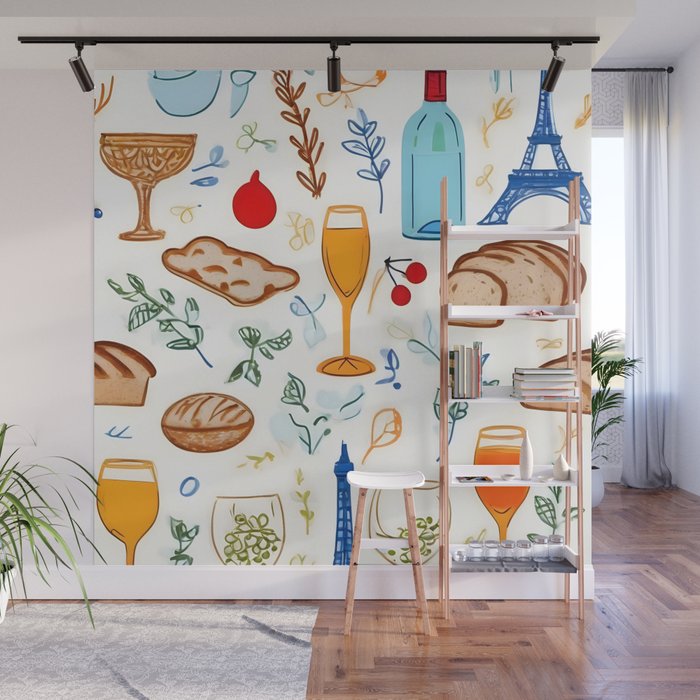 Paris Things, Travel Hand Drawn Doodles Sketch, Summer Vacation Colorful Bohemian Wall Mural Gallery Image 1