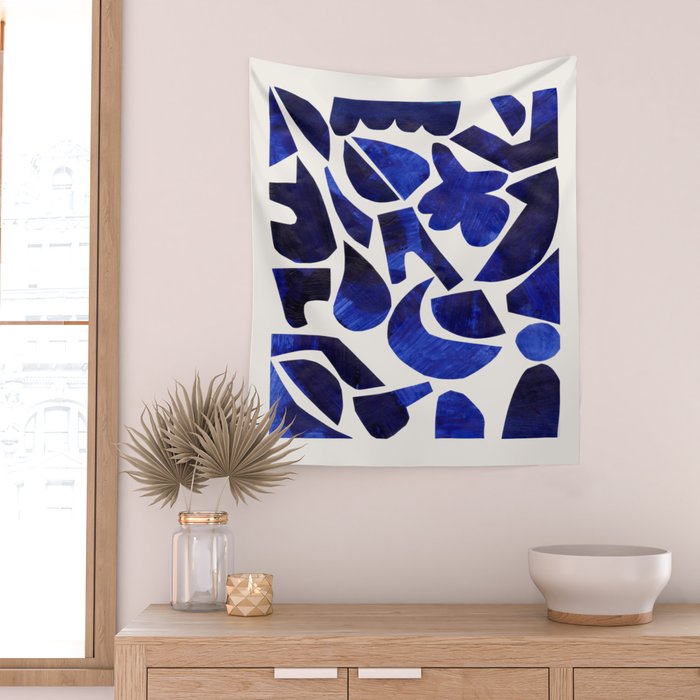 'Shattered Sky' Abstract Colorful Blue Paper Collage Minimal Mid Century Pattern by Ejaaz Haniff Wall Tapestry Gallery Image 2