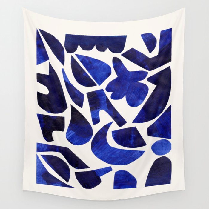 'Shattered Sky' Abstract Colorful Blue Paper Collage Minimal Mid Century Pattern by Ejaaz Haniff Wall Tapestry Gallery Image 1