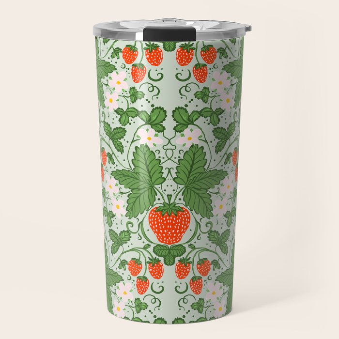 Whimsical Strawberry Vine and Floral Garden Pattern Travel Mug Gallery Image 1