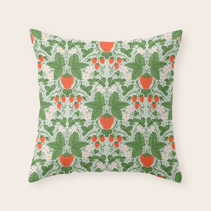 Whimsical Strawberry Vine and Floral Garden Pattern Throw Pillow Gallery Image 3