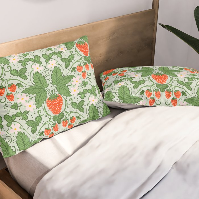 Whimsical Strawberry Vine and Floral Garden Pattern Pillow Sham Gallery Image 2