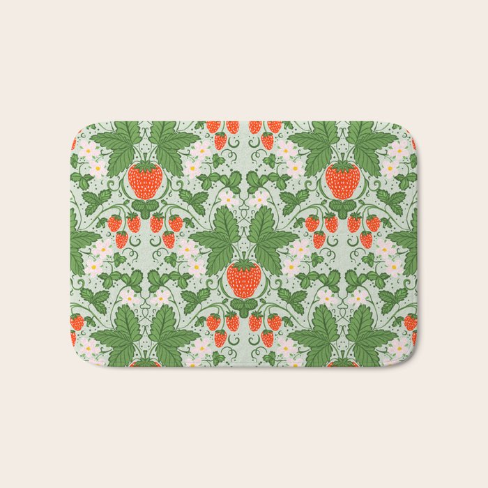 Whimsical Strawberry Vine and Floral Garden Pattern Bath Mat Gallery Image 1