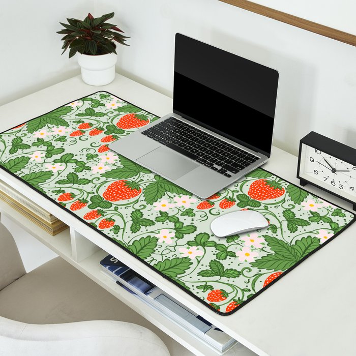 Whimsical Strawberry Vine and Floral Garden Pattern Desk Mat Gallery Image 2