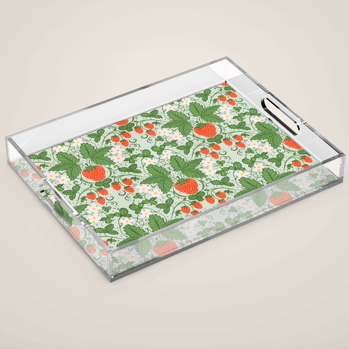 Whimsical Strawberry Vine and Floral Garden Pattern Acrylic Tray Gallery Image 1