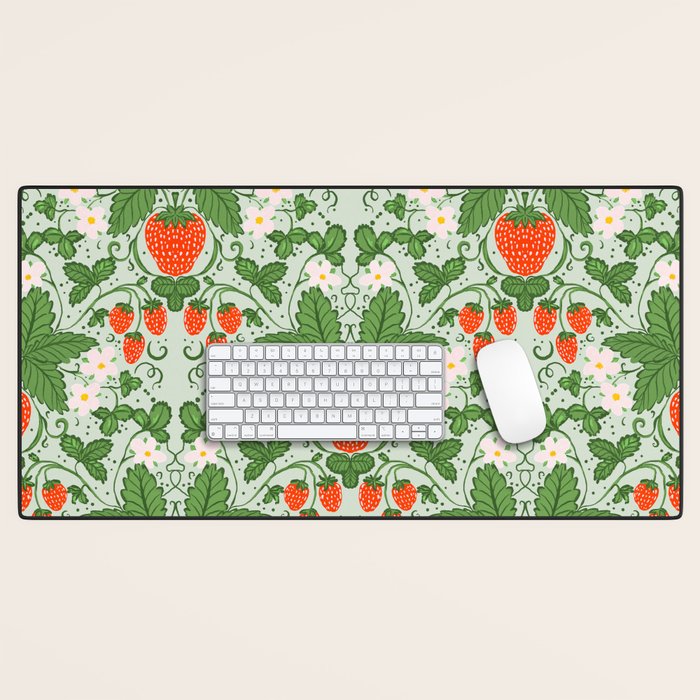 Whimsical Strawberry Vine and Floral Garden Pattern Desk Mat Gallery Image 1