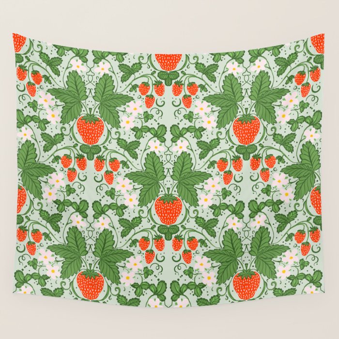 Whimsical Strawberry Vine and Floral Garden Pattern Wall Tapestry Gallery Image 4