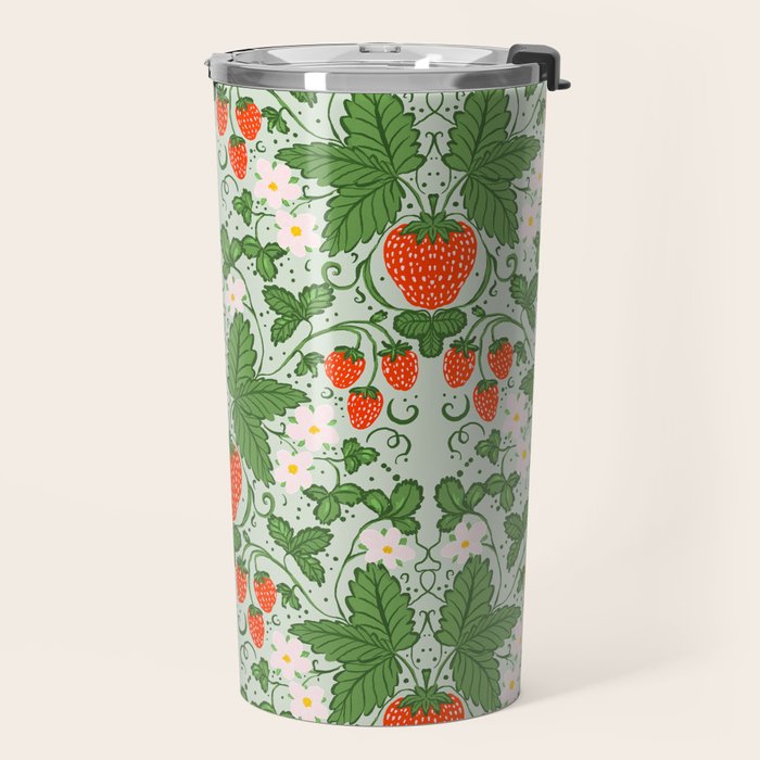 Whimsical Strawberry Vine and Floral Garden Pattern Travel Mug Gallery Image 2