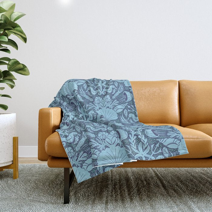 Neptune's joy dublex blue damask reworked Throw Blanket Gallery Image 1