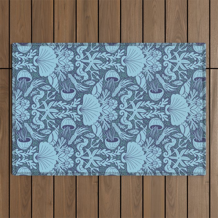 Neptune's joy dublex blue damask reworked Outdoor Rug Gallery Image 1