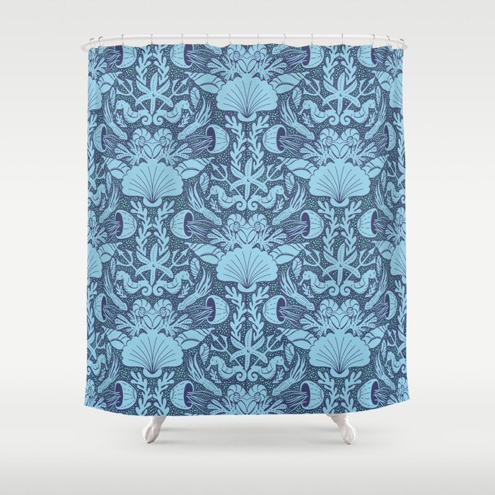 Neptune's joy dublex blue damask reworked Shower Curtain Gallery Image 1