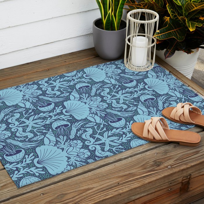Neptune's joy dublex blue damask reworked Outdoor Rug Gallery Image 2