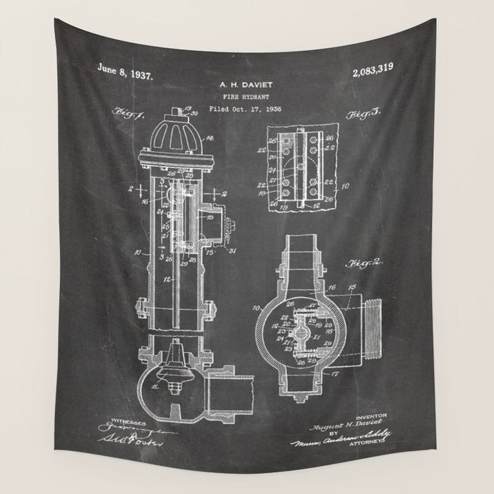 Fire Hydrant Patent - Fireman Fire House Art - Black Chalkboard Wall Tapestry Gallery Image 4