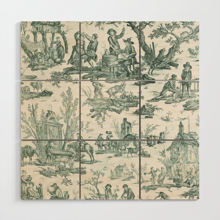 Vintage Green French Toile Landscape Wood Wall Art