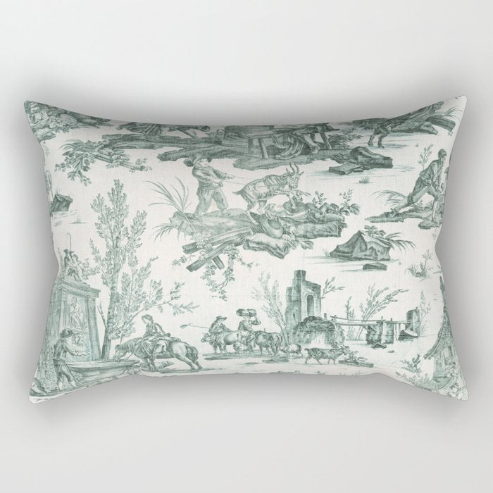 Vintage Green French Toile Landscape Rectangular Pillow Gallery Image 1
